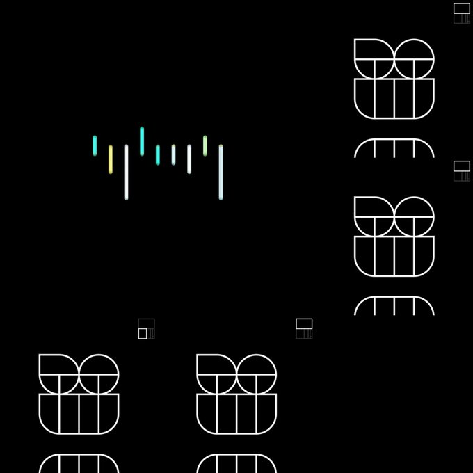 A minimalist graphic on a black background featuring stylized light blue and green audio waveform bars in the upper left, accompanied by several abstract white geometric logo-like symbols composed of semicircles and rectangles on the right and bottom.