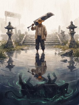 A moody illustration shows a figure in a tan jacket and yellow hat holding a sword overhead while standing on a reflective wet surface, with their reflection revealing a dark, menacing creature underneath. The scene includes Japanese stone lanterns and a sign reading "SOLAM FEEL".