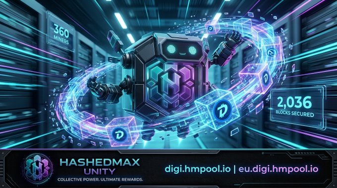 A futuristic cyberpunk-style promotional graphic for 'HASHEDMAX UNITY' featuring a robot character surrounded by floating data cubes, with statistics '360 MINERS' and '2,036 BLOCKS SECURED' and website URLs digi.hmpool.io and eu.digi.hmpool.io.