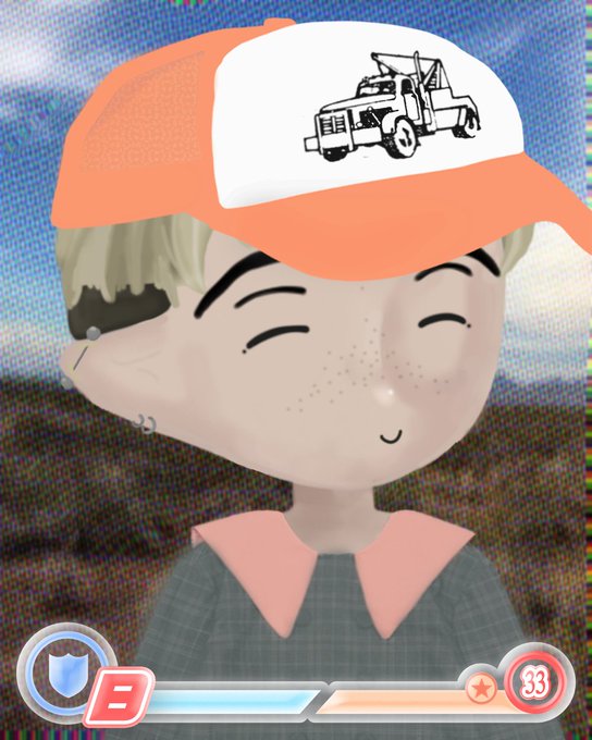 A 3D animated character with blonde hair wearing an orange and white trucker hat featuring a tow truck graphic, appearing to be from a video game.
