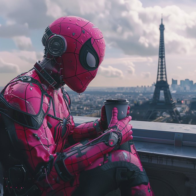 Detailed artwork of a person in a glossy red-and-black Spider-Man-style armored suit and mask, seated by a window holding a travel mug, with the Eiffel Tower and a city skyline in the background.