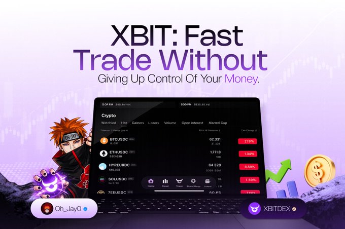 An advertisement reading "XBIT: Fast Trade Without Giving Up Control Of Your Money" featuring an anime character, a tablet displaying crypto data for pairs like BTCUSDC and ETHUSDC, and an "XBITDEX" logo.