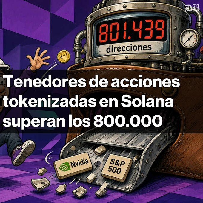 A graphic illustration showing Solana-themed tokenized stock holders exceeding 800,000, with text 'Tenedores de acciones tokenizadas en Solana superan los 800.000', a counter displaying '801.439', and Nvidia and S&P 500 tokens emerging from a mechanical slot.
