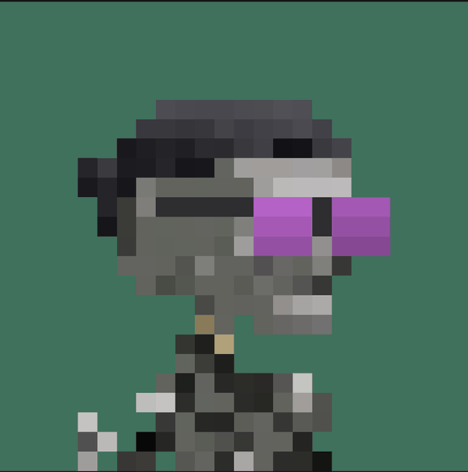 A low-resolution pixel art character with black hair, gray skin, and purple sunglasses is displayed against a dark green background.