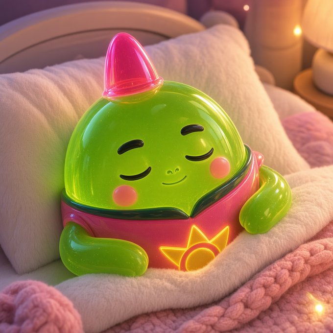 A cute, glowing green Sleepagotchi-like creature in a pink outfit rests peacefully in a cozy bed, with its small hands tucked beside it. The image complements the post about using @sleepagotchi for sleep while becoming engaged with Sleep Points, upgrades, setups, and battles.