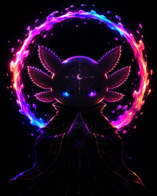 A mystical fantasy character with large pointed ears, glowing multicolored eyes, and a crescent moon symbol on its forehead stands with hands clasped in prayer. The figure wears dark robes adorned with gold details and is encircled by a vibrant ring of swirling purple, pink, and blue flame-like energy against a black background.