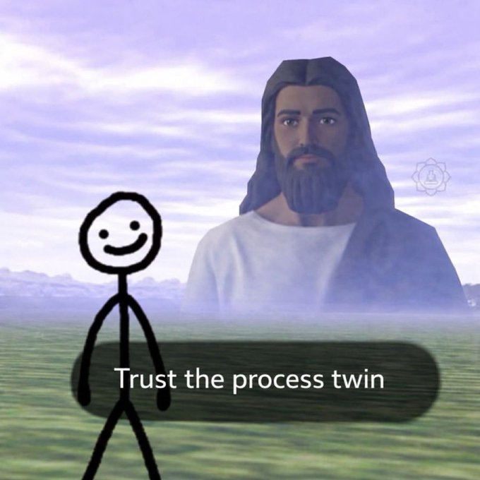 A stick figure with a smiley face stands in a field with a giant image of Jesus looming behind it, with the text "Trust the process twin" displayed below. The image humorously relates to the "Good morning diamond hands" post by using the religious meme format to encourage investors to stay patient and hold onto their investments through market volatility.