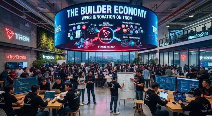 A TRON DAO event with a large circular display reading 'THE BUILDER ECONOMY - WEB3 INNOVATION ON TRON', showing a crowded convention space with developers working on computers.