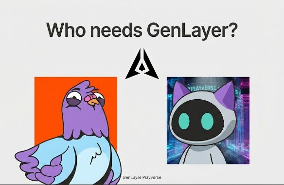 The image features two cartoon characters - a pigeon wearing a blue shirt with an "L" on it, and a cat wearing a white hoodie with a green eye. The text above them reads "Who needs GenLayer?". Below these characters are two different images of the same cartoon character in various colors - purple and orange.