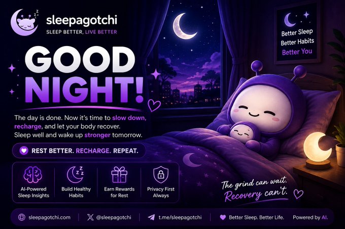 Promotional banner for 'sleepagotchi' featuring a purple mascot in bed, advertising 'GOOD NIGHT!' messaging with features like 'AI-Powered Sleep Insights' and 'REST BETTER. RECHARGE. REPEAT.'