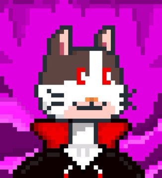 A pixel art character featuring a gray and white cat with red eyes, dressed in a red jacket with a white shirt, set against a vibrant purple pixelated background.