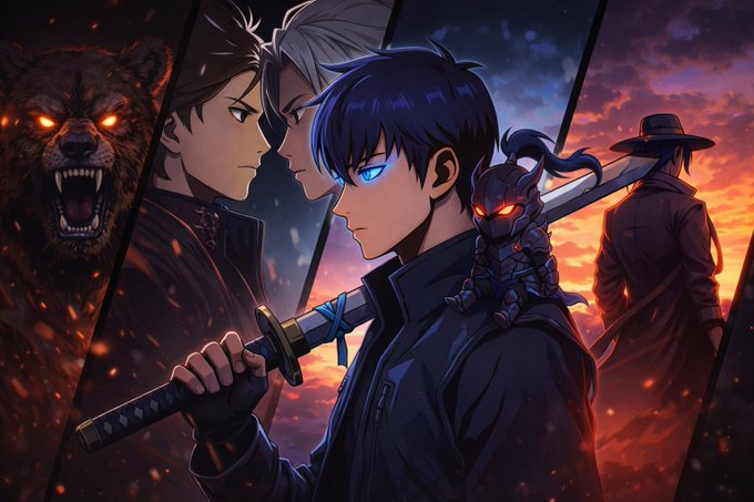 Anime-style artwork showing a dark-haired boy holding a sword with a small dragon creature on his shoulder, flanked by other characters and a fierce lion-like creature against a fiery red and orange backdrop.