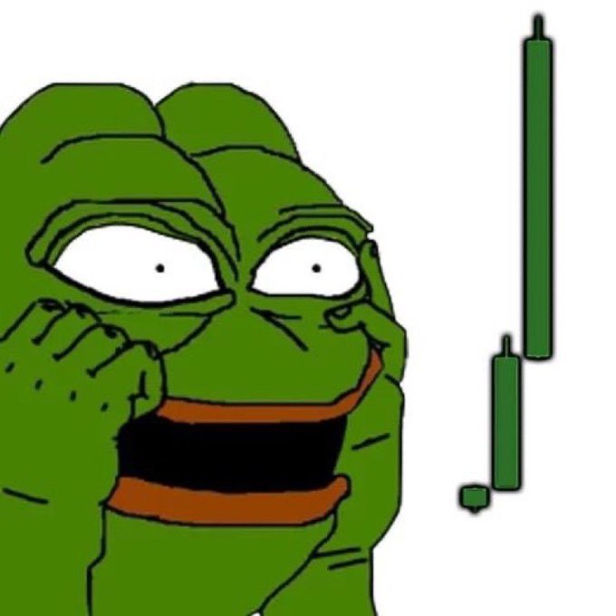 A Pepe the Frog meme showing the character alongside green bullish candlesticks, suggesting a market rally.