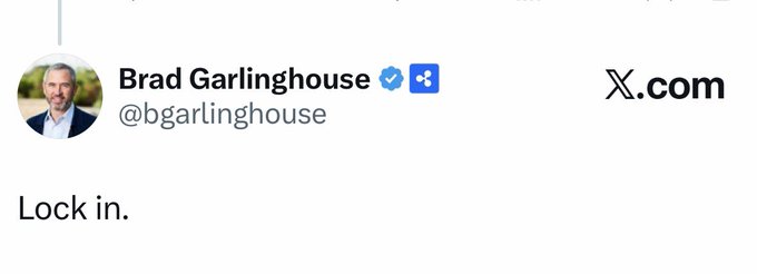 A tweet from Brad Garlinghouse (@bgarlinghouse) on X.com reads "Lock in." The image shows his profile picture and username with a blue verification checkmark and a Ripple (XRP) logo badge.