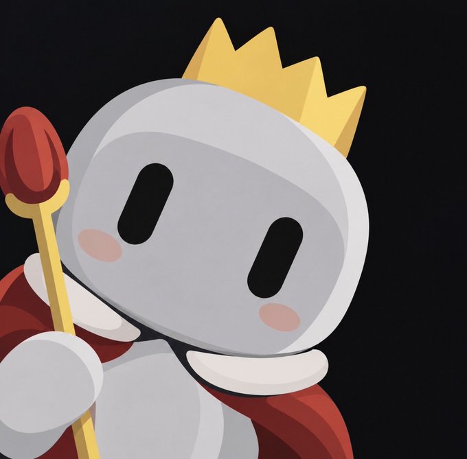 A digital illustration features a cute gray robot-like character with black oval eyes, pink cheek blushes, and a golden crown, wearing a red cape and holding a scepter against a dark background.