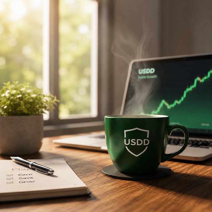 A steaming green mug with a 'USDD' shield logo sits on a wooden desk beside a potted plant and notebook, with a laptop in the background displaying an upward green chart labeled 'USDD'.