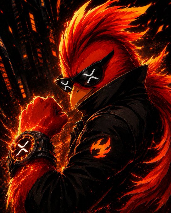 A fierce red phoenix-like character with flaming feathers wears black sunglasses and a dark jacket featuring a flame emblem, while sporting a wristwatch with an "X" symbol on its face. The fiery bird motif and burning aesthetic visually embody the "Keep the fire burning" message tied to the $PHNIX ticker.