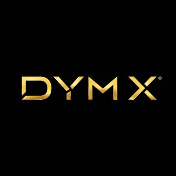 A minimalist logo featuring the text 'DYMX' in gold metallic letters against a solid black background.