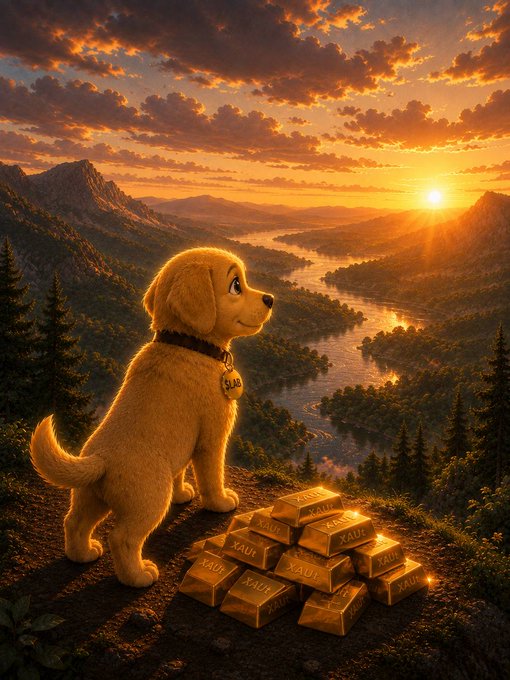 A digital illustration of a golden retriever puppy sitting on a cliff at sunset, gazing at a pile of gold bars labeled 'XAUA' with a river valley below.