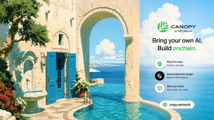 A promotional graphic for 'CANOPY by CNPY Network' features a Mediterranean coastal scene with an infinity pool, advertising 'Bring your own AI. Build onchain.' with cnpy.network.