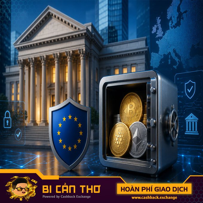 The image shows a stylized digital composition featuring a classical European-style bank building (likely representing Banca Sella) alongside a secure vault displaying Bitcoin, Cardano, and Ethereum cryptocurrencies, accompanied by an EU-stars shield and lock icons symbolizing regulatory security. The banner at the bottom reads "BÍ CÂN THƠ" with "HOÀN PHÍ GIAO DỊCH" (transaction fee refund) and "www.cashback.exchange," promoting crypto custody services under EU MiCA regulations as referenced in the accompanying post.