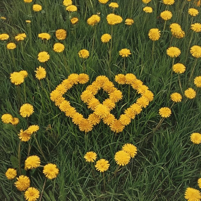 Dandelions in a green field arranged to form a double heart shape.