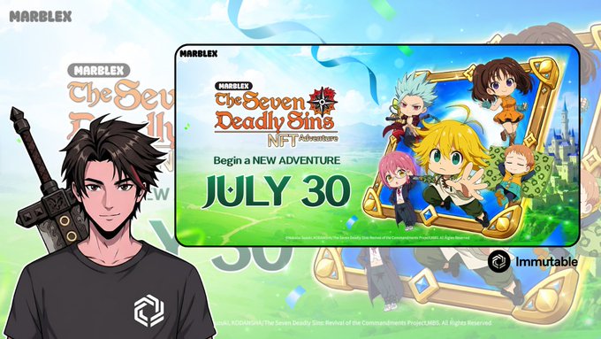 A promotional graphic for 'The Seven Deadly Sins NFT Adventure' on the Marblex platform announces a launch date of 'JULY 30', featuring anime characters and a sword-wielding man.