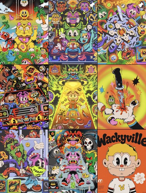 A 3x3 grid of colorful, cartoon-style illustrations featuring bizarre monsters, characters, and surreal scenes, including one panel with the text "Wackyville".
