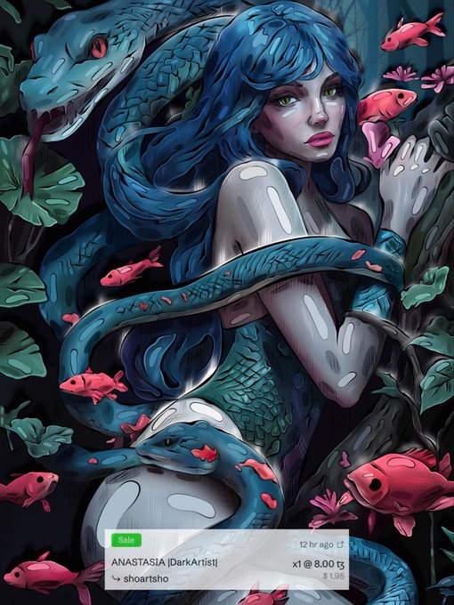 Digital artwork titled 'ANASTASIA | Dark Artist' by shoartsho showing a blue-haired woman entangled with blue snakes and surrounded by red fish in a jungle setting.