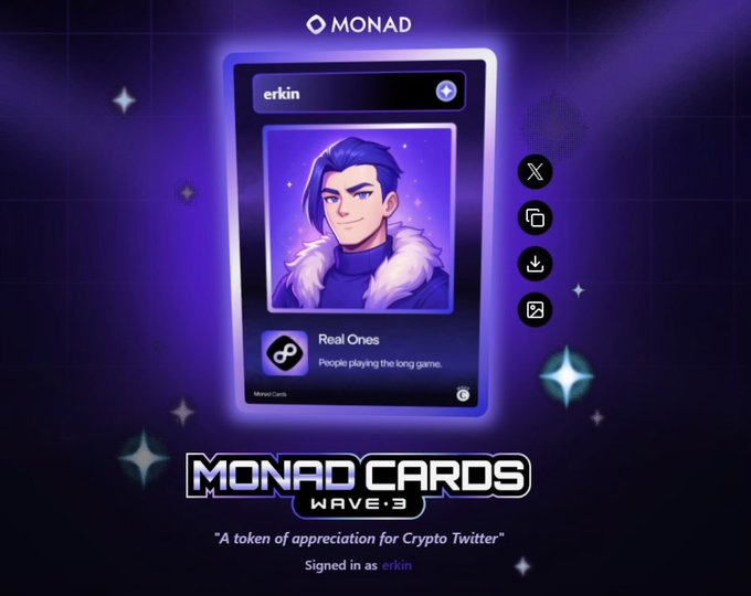 The image shows a Monad Cards Wave 3 digital collectible card featuring the username "erkin" with an illustration of a purple-haired anime-style character wearing a fur-collared jacket, tagged as "Real Ones - People playing the long game." The card's "Real Ones" designation humorously reinforces the post's sarcastic claim that the poster's loyalty has "absolutely nothing to do with" any potential airdrop, playfully highlighting their identity as a long-term, non-airdrop-chasing community member.