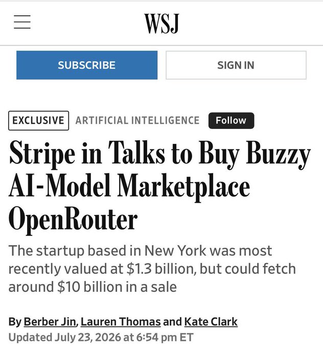 **Caption:** A WSJ exclusive headline announces "Stripe in Talks to Buy Buzzy AI-Model Marketplace OpenRouter," noting the NYC startup was most recently valued at $1.3 billion but could fetch around $10 billion in a sale.

**Relation to post:** The image confirms the $10B acquisition figure for OpenRouter, which the post uses to highlight the immense value of a centralized LLM API layer—contrasting it with the underappreciated on-chain alternative, $surplus, which ranks #3 by transactions on Base despite the token being down 70%.