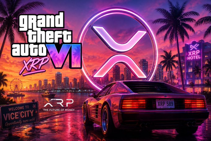 A vibrant neon-style promotional image titled 'Grand Theft Auto XRP' featuring a sports car with license plate 'XRP 589' parked against a tropical sunset cityscape, with a 'Welcome to Vice City' sign, an 'XRP Hotel,' and the XRP logo prominently displayed.