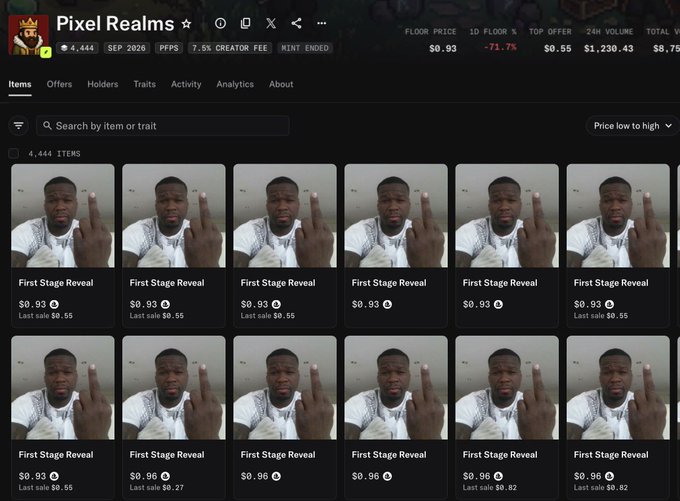 A screenshot of a Pixel Realms NFT collection page showing 4,444 items, with a floor price of $0.93 (down 71.7%), featuring identical thumbnails of a man making a middle finger gesture titled 'First Stage Reveal'.