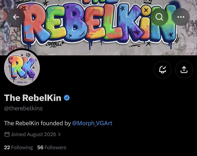 A Twitter profile page for "The Rebelkin" (@therebelkins), founded by Morph_VGArt, featuring colorful graffiti-style "Rebelkin" artwork as the banner and profile image. The account, joined August 2026, shows 22 Following and 56 Followers, supporting the post noting it as an early watchlist addition by an OpenSea team member.