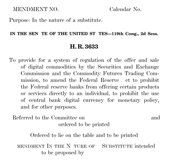 This image displays text from H.R. 3633, "To provide for a system of regulation of the offer and sale of digital commodities," which relates to recent news of Senate Republicans releasing updated Clarity Act text. The document refers to regulating digital commodities and amending the Federal Reserve's actions regarding digital currency.