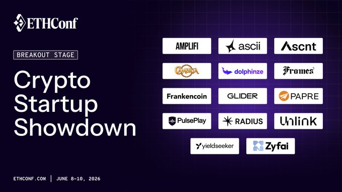 The image shows a poster for an event called " Crypto Startup Showdown". The poster features logos of various startups that are participating in the competition, which aims to identify the best ideas in the crypto space. It also provides details about the stage, as well as the prizes being offered, including a cash prize of $50,000 and an accelerator program for startups to grow their businesses further. The event is scheduled to occur at theETHConf Conference on June 6th, 2018, with a scheduled time from 2:00 pm to 3:00 pm (Eastern Time).