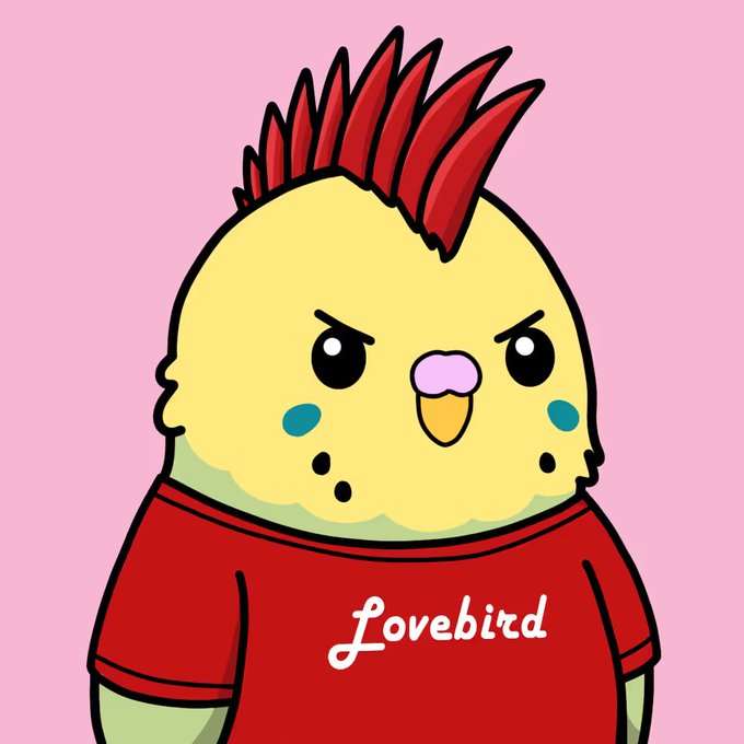 A cartoon lovebird with a red mohawk wearing a red shirt that says 'Lovebird' on a pink background.