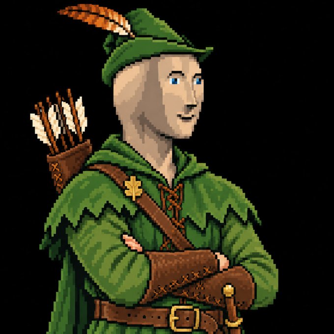 Pixel art illustration of a blonde-haired archer dressed in green Robin Hood-style attire, complete with a feathered cap, quiver of arrows, and brown gloves, standing with arms crossed.
