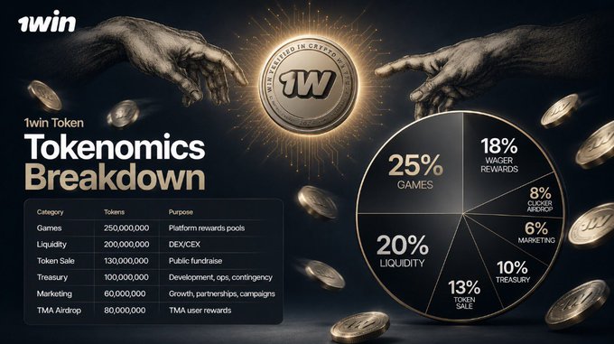 A tokenomics breakdown graphic for '1win Token' showing allocation percentages including 25% Games, 20% Liquidity, 18% Wager Rewards, 13% Token Sale, 10% Treasury, 8% Clickdrop Airdrop, and 6% Marketing, alongside a table detailing token amounts and purposes.