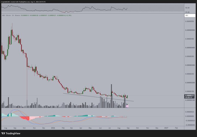 A TradingView 3-day candlestick chart of $ARB/USD showing a steep downtrend from ~$0.00000210 to ~$0.00000157, with a descending trendline and bullish MACD crossover forming near the bottom—visually supporting the post's claim that the asset is poised for a breakout.