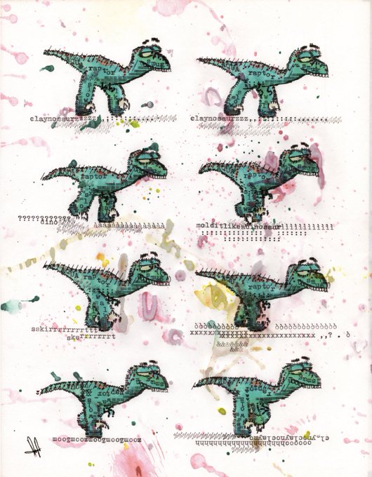 An art print featuring eight identical illustrations of a green dinosaur-like creature with scribbled text beneath each, set against a watercolor-splattered background.