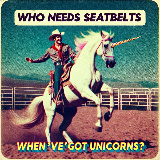 The image features a man riding a white unicorn, with the text "WHEN 'VE 'GOT UNICY?". The background of the image shows a horse stable or corral area, suggesting that this scene takes place on a ranch or in an equestrian setting.