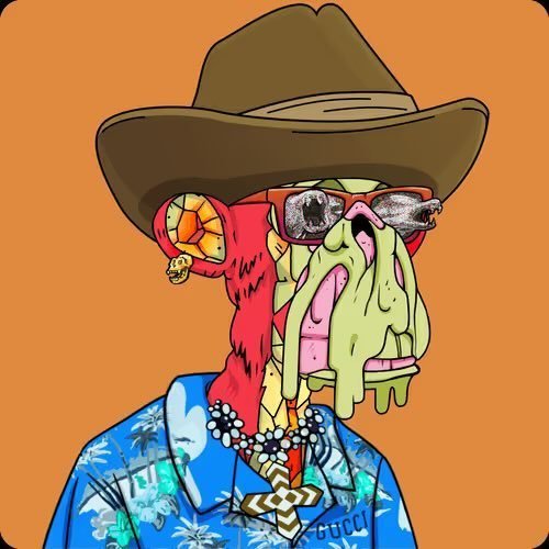 A cartoon illustration of a grotesque zombie-like figure wearing a brown cowboy hat, sunglasses, a Hawaiian shirt, and a gold chain, with a turkey-like creature perched on its shoulder against an orange background.