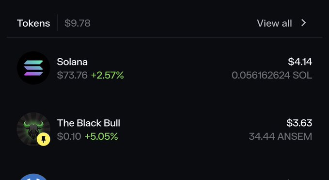 A crypto wallet screenshot shows token holdings including Solana (SOL) at $4.14 with a 2.57% gain and "The Black Bull" ($ANSEM) at $3.63 with a 5.05% gain, humorously putting the wallet "on blast" as the post requests the bull token to multiply the ANSEM holdings.