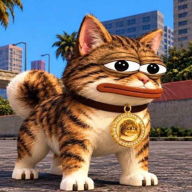 A 3D-rendered tabby cat with wide eyes standing on a paved surface, wearing a collar with a gold medallion featuring a profile bust, against a city backdrop.