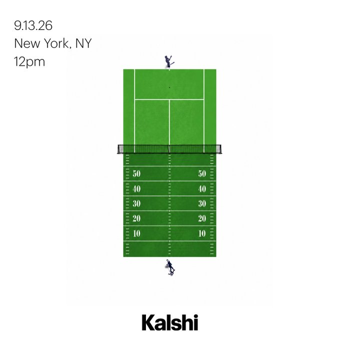 A Kalshi advertisement showing an aerial view of a football field with text reading '9.13.26 New York, NY 12pm' and 'Kalshi' at the bottom.