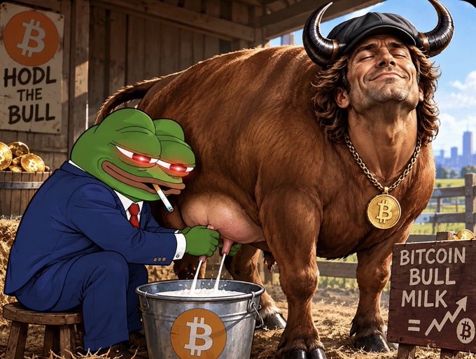 A humorous AI-generated image showing the Pepe the Frog character in a blue suit milking a muscular bull wearing a Bitcoin medallion and cap, with signs reading 'HODL THE BULL' and 'BITCOIN BULL MILK' next to a bucket marked with the Bitcoin logo.