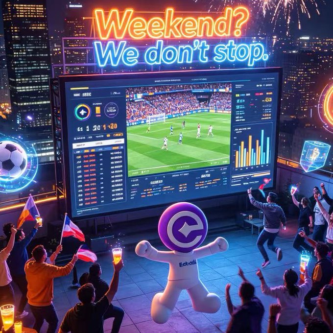 A vibrant digital illustration of a weekend sports viewing party with a large screen showing a soccer match, a neon sign reading 'Weekend? We don't stop.', and a mascot in the foreground.
