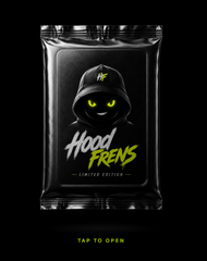 A product package design for a hood-themed limited edition collectible, featuring a hooded figure with glowing yellow eyes on a black background with 'TAP TO OPEN' text.