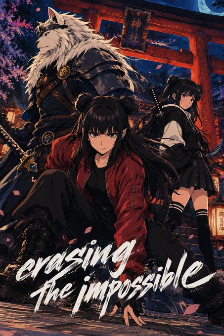 An anime-style cover art featuring three characters—a wolf warrior, a girl in a red jacket, and a girl in a black outfit—posed in front of a Japanese shrine, with the title text 'erasing the impossible' across the bottom.
